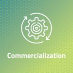 A graphic featuring a circle gear icon with text "Commercialization"