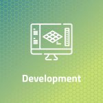 Development Graphic featuring a white desktop computer icon against a faded green background with green honeycomb overlay