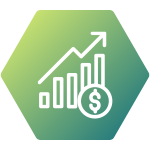 Green hexagon monetary icon with dollar coin and ascending graph