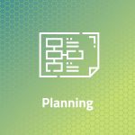 Planning Icon featuring a white map against a faded green background with green honeycomb overlay