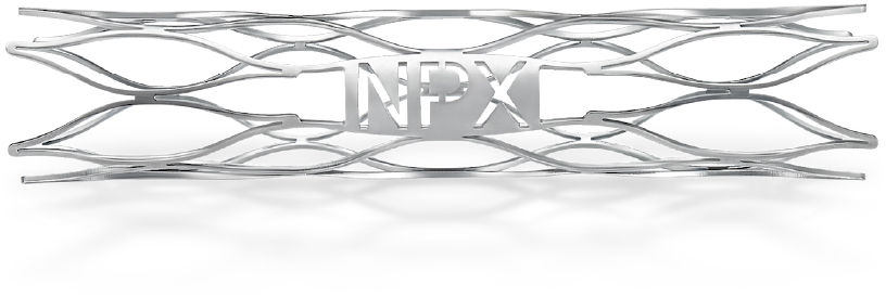 NPX logo engraved into a metal medical device component